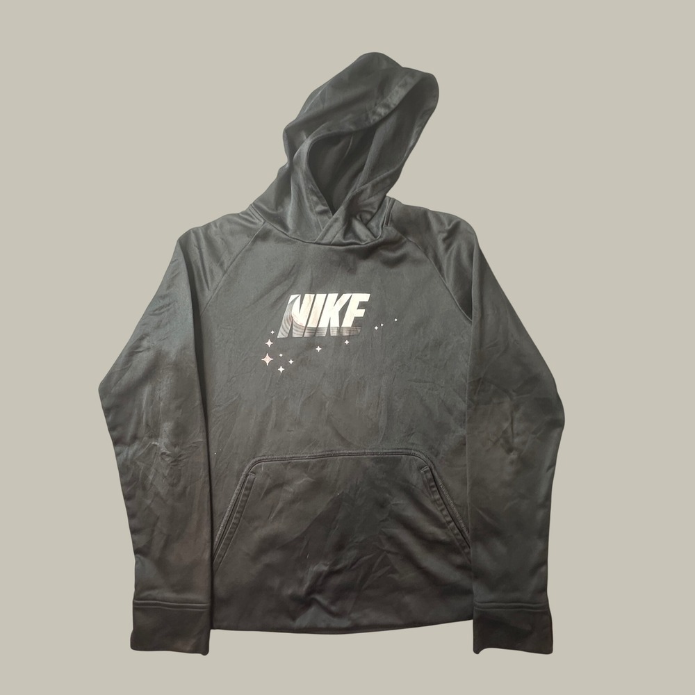 Nike Hoodie Girls Large Therma-FIT Black Graphic Logo Thumbhole Pullover